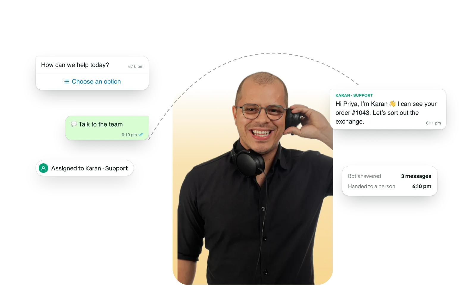 A customer taps “Talk to the team” in a chatbot menu, the chat is assigned to an agent, and the agent replies.