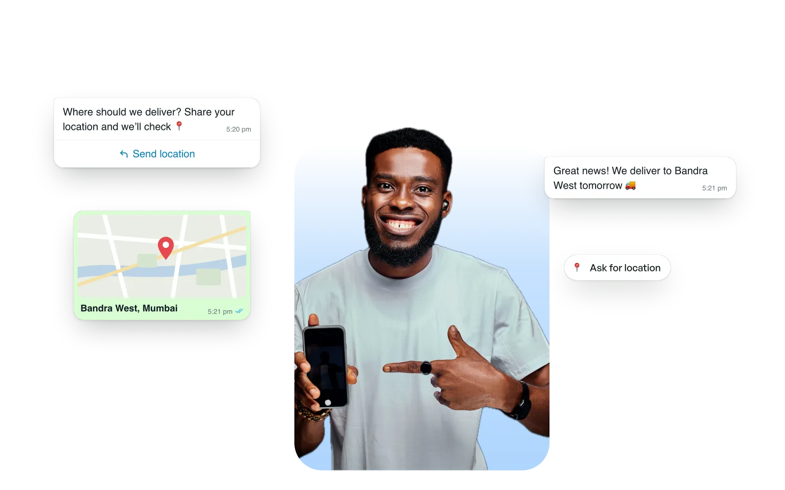 A chatbot asks for a delivery location, the customer shares a map pin, and delivery is confirmed.