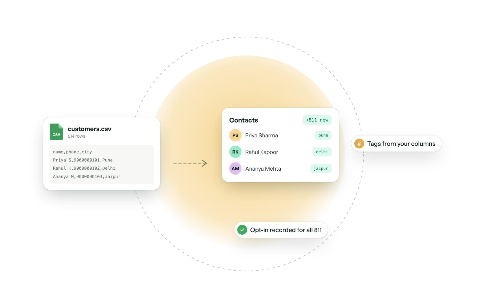 A CSV file turning into tagged WhatsApp contacts, with opt-in recorded for each.