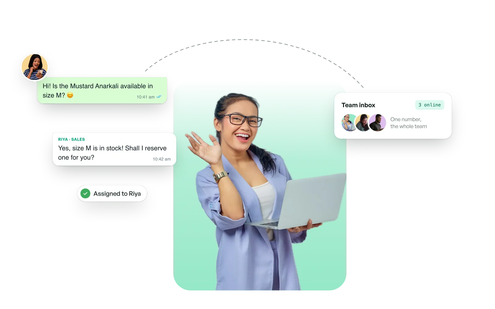 A customer asks if a kurta is available in a size, a teammate replies from the shared team inbox, and the chat is assigned.