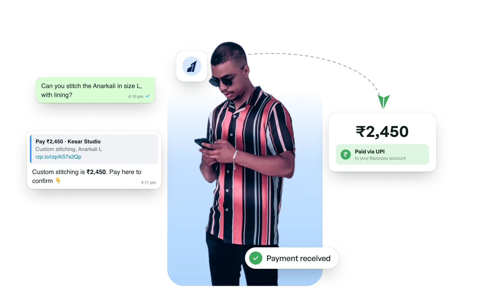 A Razorpay payment link sent in the chat, paid by UPI in a tap.