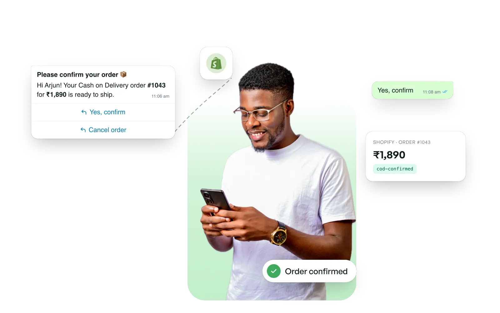 A shopper confirms a cash-on-delivery order on WhatsApp, and the Shopify order is tagged cod-confirmed.
