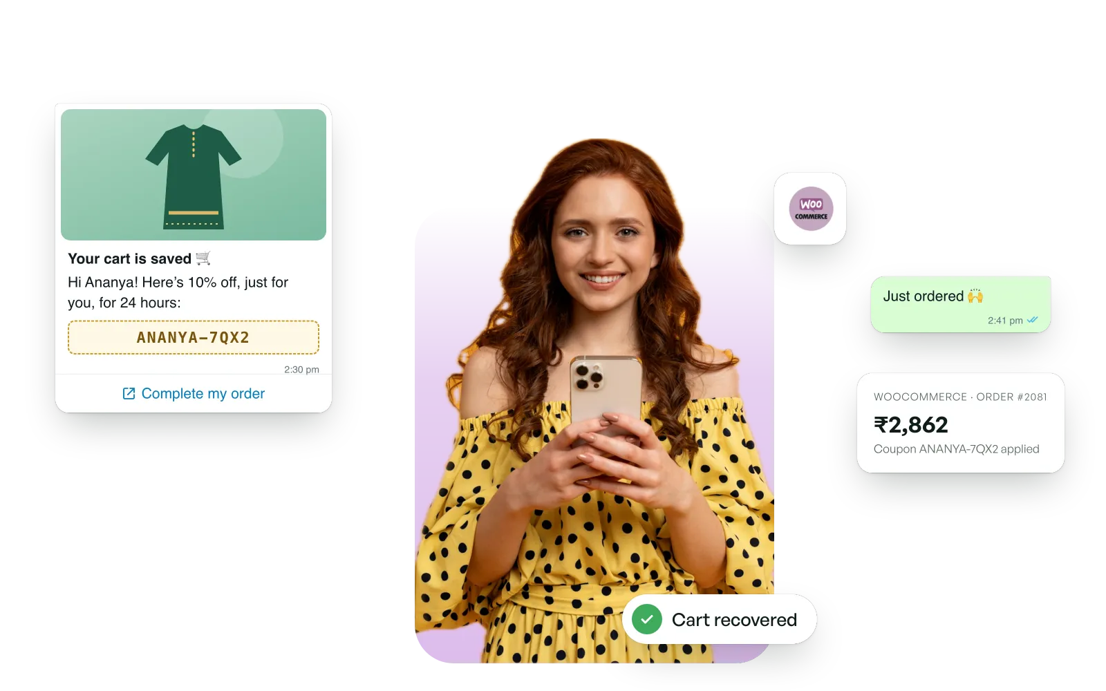 A shopper in a polka-dot dress gets a personal coupon for an abandoned cart, and the WooCommerce order comes back.