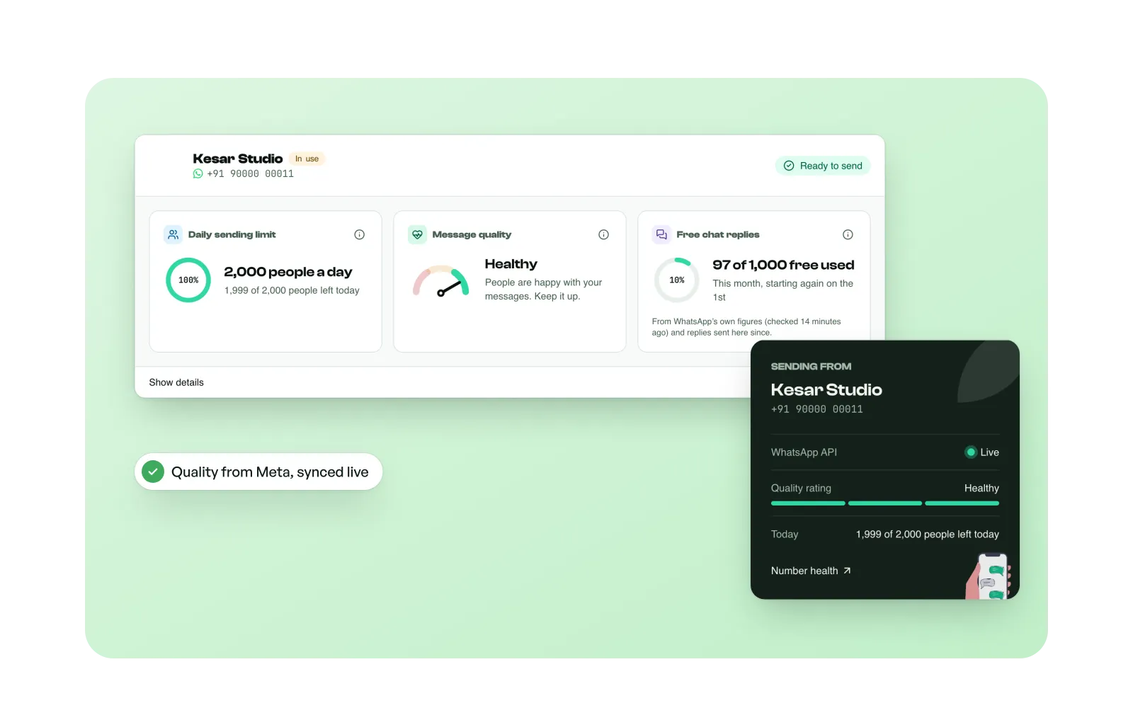 Number health cards showing the quality rating and daily sending limit for your WhatsApp number.